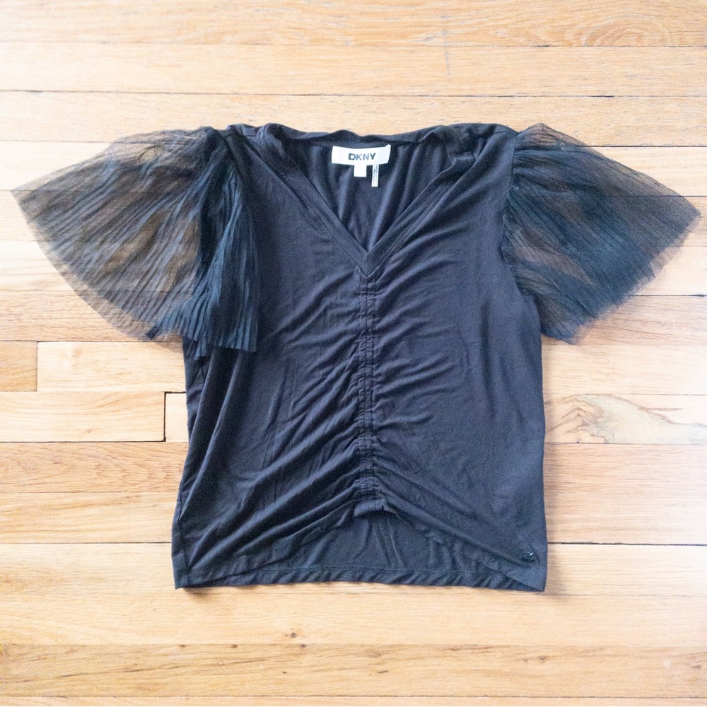 DKNY Black Top with Sheer Mesh-Sleeves 🐦‍⬛🗝️